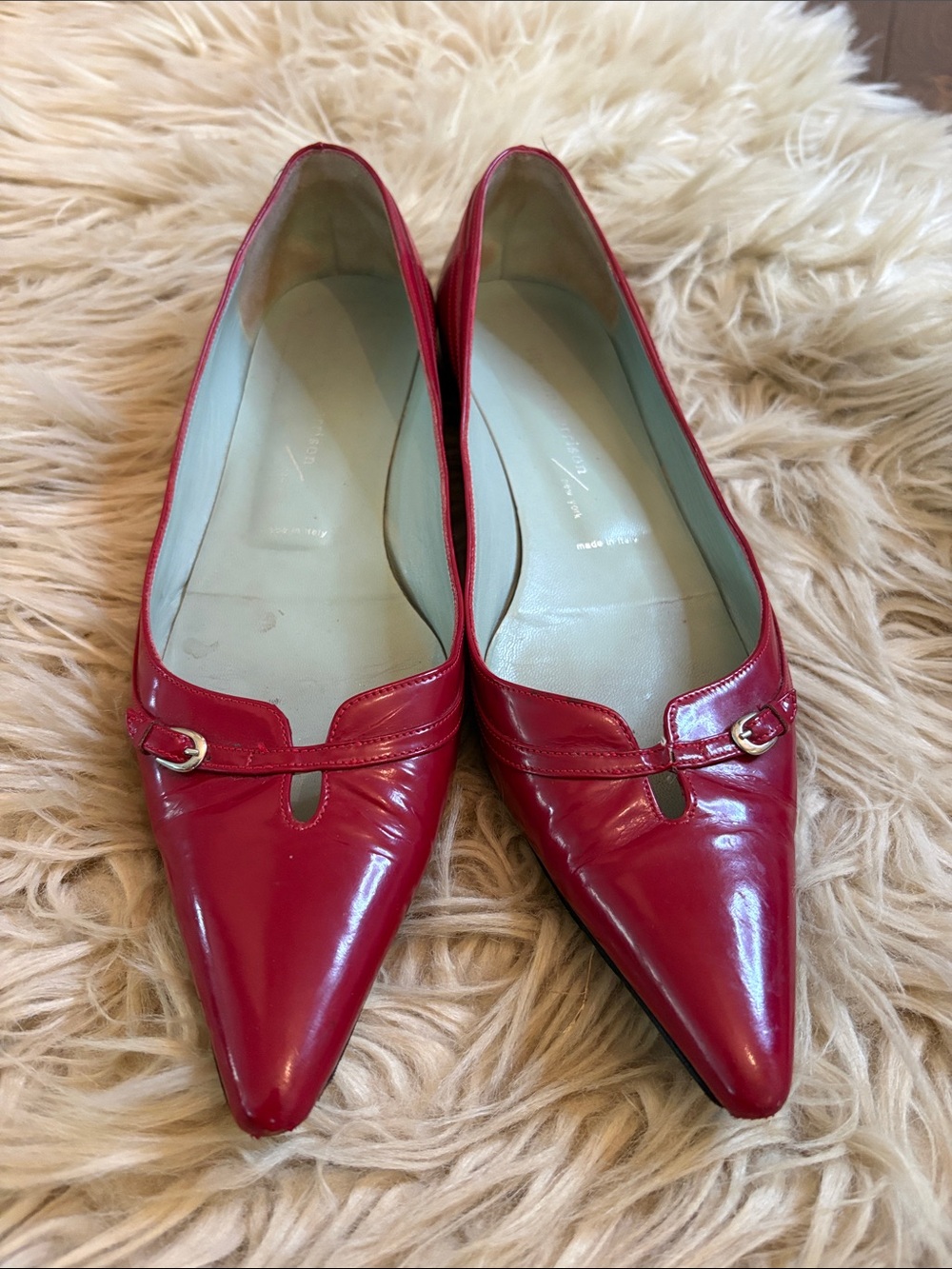 Sigerson Morrison Red Pointed-Toe Leather Flats with Buckle Detail